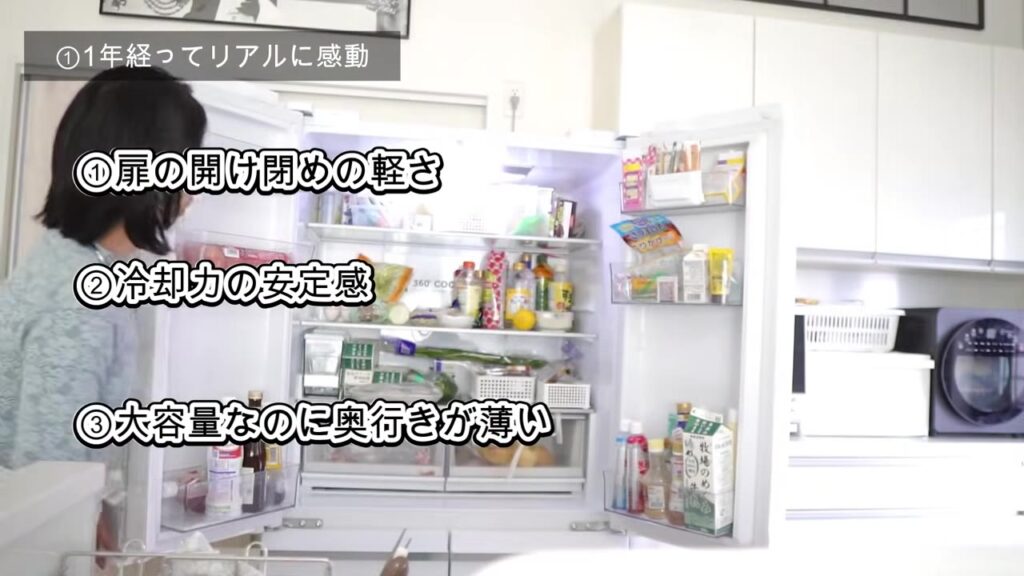 扉を開けたハイアール コールの冷蔵室 扉の開け閉めの軽さと大容量