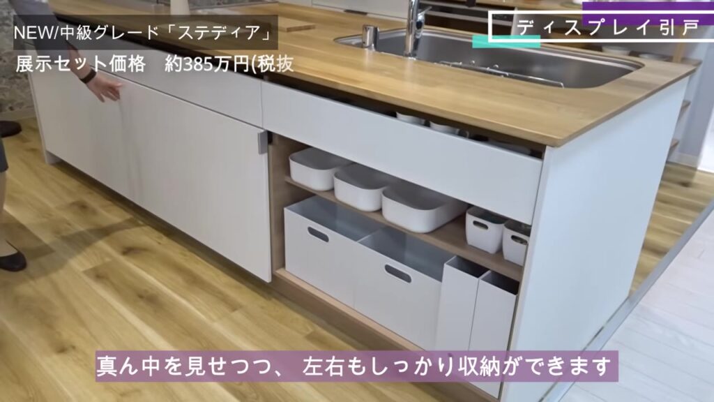ステディアの引戸収納にA4ファイルや収納ボックスが入る様子