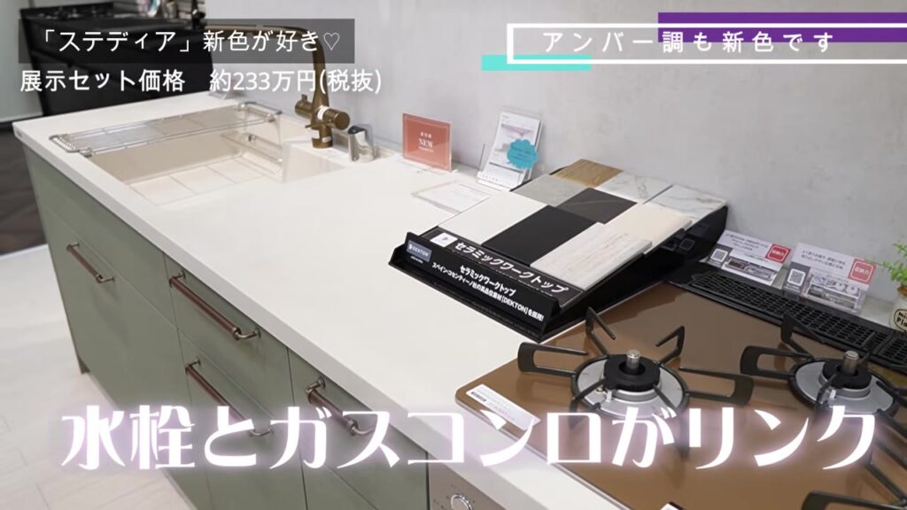 アンバー調の水栓とガスコンロがリンクするステディアのキッチン