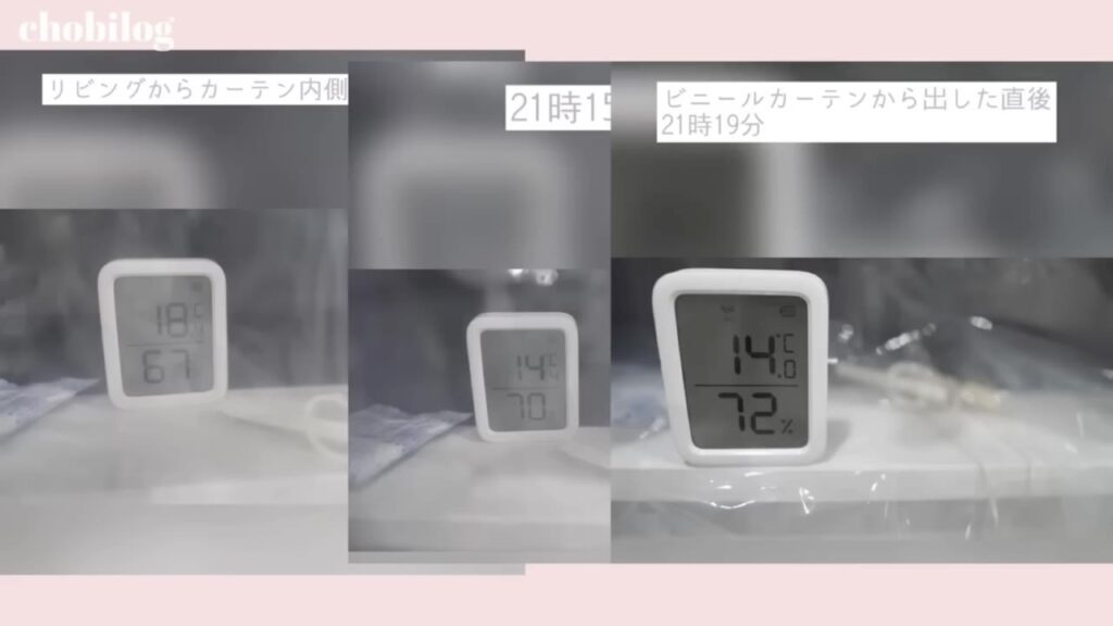 ビニールカーテンの内側で温度が18.4℃から14℃に下がった実験