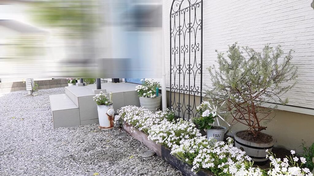 白と緑でまとめたガーデニング初心者の玄関前の花壇