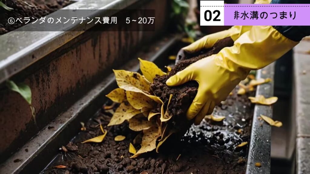 ベランダの排水溝に落ち葉や砂ぼこりがつまる