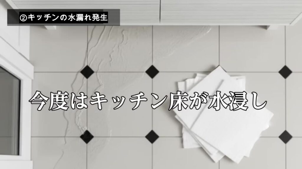 キッチンの床が水浸しになった様子
