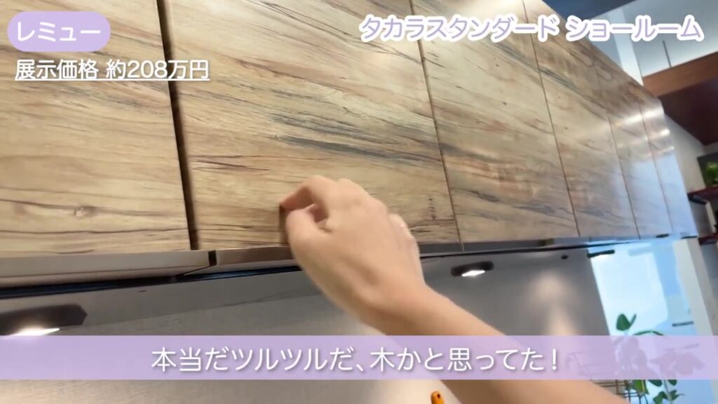レミューの木目調ホーロー扉に触れる様子