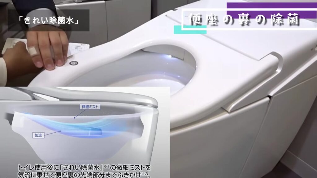 きれい除菌水の微細ミストを気流で便座裏にふきかける仕組み