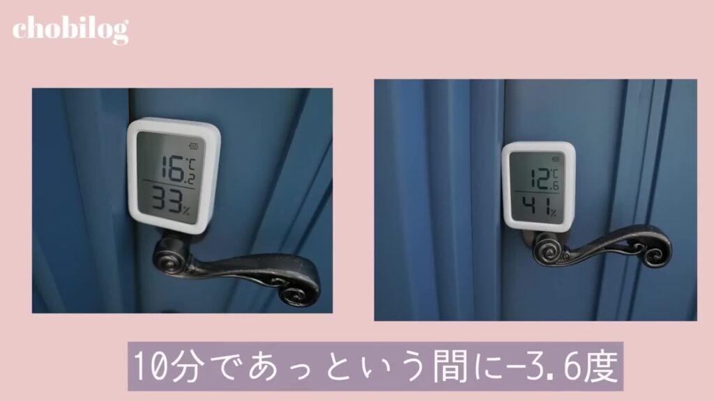 玄関ドアの温度 スキマプロテクトを貼る前は10分でマイナス3.6度