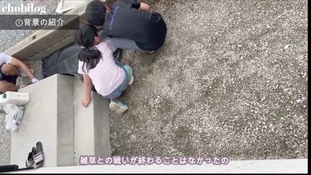 砂利をどかして防草シートを敷く家族の様子