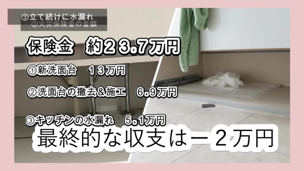 水漏れの修理に火災保険がおりて最終的な収支はマイナス2万円