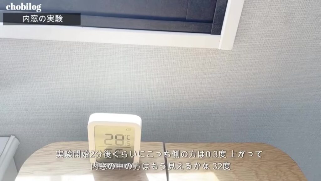 内窓の効果の実験 部屋側に置いた温湿度計
