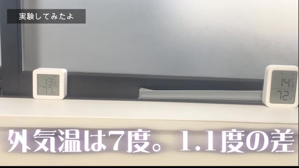 外気温7度の朝に隙間テープあり・なしで1.1度の差