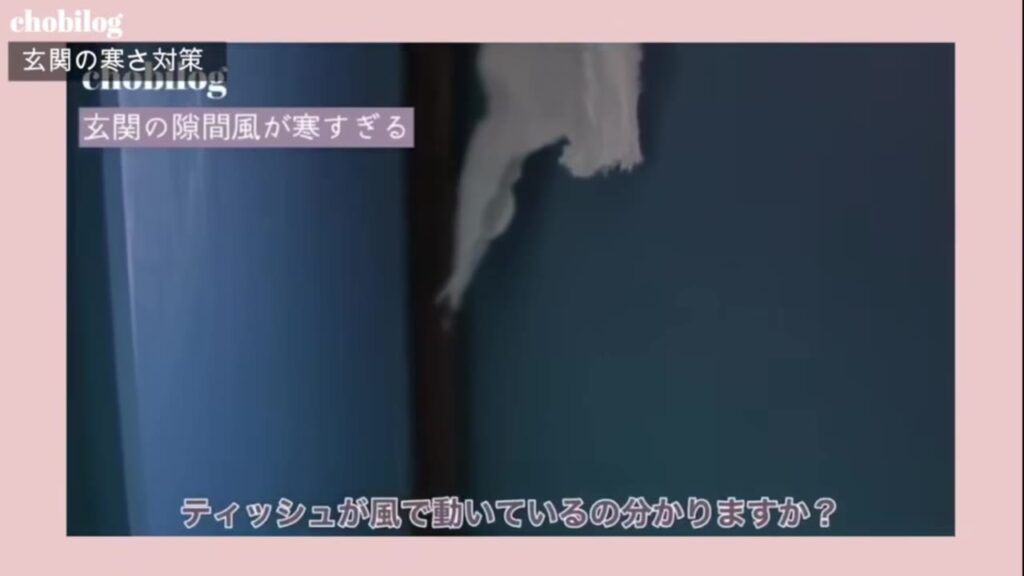 玄関ドアの隙間風でティッシュが動いている様子