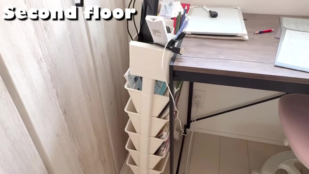 子供部屋の机の横のマガジンラックと文房具収納