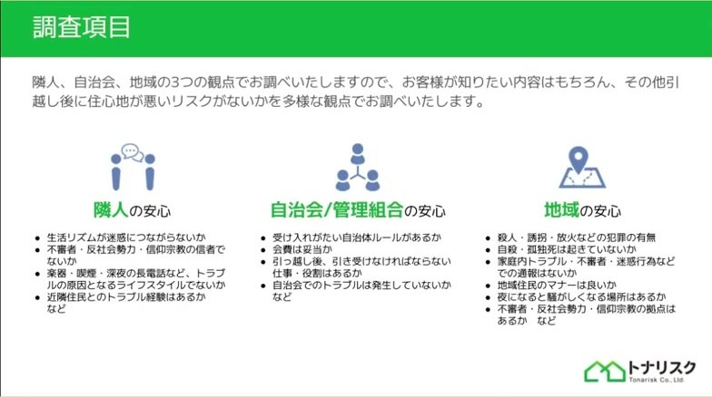 トナリスクの調査項目。隣人・自治会・地域の3つの観点