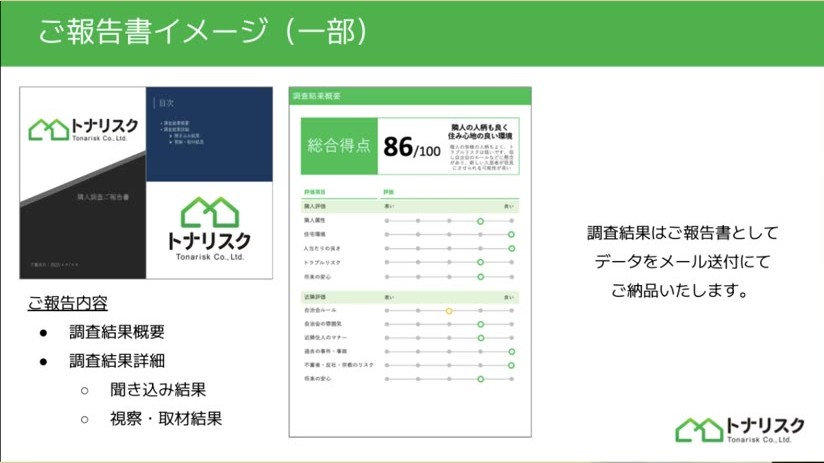 調査結果の総合得点がのったトナリスクのご報告書イメージ